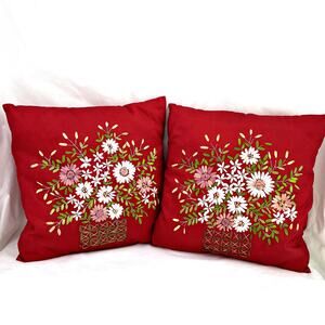 Floral Bouquet Hand Embroidered Red Basket Ribbon Pillows Lot 2 16x16"